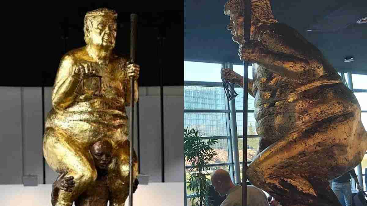டிரம்பின் நிர்வாணமான தங்கச் சிலை ஐரோப்பிய பாராளுமன்றத்தில் காட்சிக்கு வைப்பு!